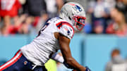 Oct 19, 2025; Nashville, Tennessee, USA; New England Patriots wide receiver Kayshon Boutte (9) runs with the ball against the Tennessee Titans during the first half at Nissan Stadium. 
