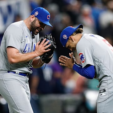Sep 11, 2023; Denver, Colorado, USA; Chicago Cubs relief pitcher Michael Fulmer (32) and designated hitter Christopher Morel (5) celebrate after the game against the Colorado Rockies at Coors Field. Mandatory Credit: Isaiah J. Downing-Imagn Images