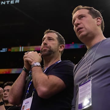 May 5, 2023; Phoenix, Arizona, USA; Phoenix Suns owner Mat Ishbia (right) and brother Justin Ishbia during the game against the Denver Nuggets in game three of the 2023 NBA playoffs at Footprint Center. Mandatory Credit: Mark J. Rebilas-Imagn Images