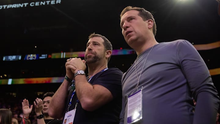 May 5, 2023; Phoenix, Arizona, USA; Phoenix Suns owner Mat Ishbia (right) and brother Justin Ishbia during the game against the Denver Nuggets in game three of the 2023 NBA playoffs at Footprint Center. Mandatory Credit: Mark J. Rebilas-Imagn Images