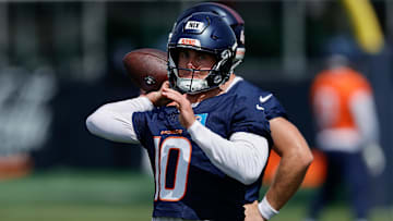 Jul 24, 2025; Englewood, CO, USA; Denver Broncos quarterback Bo Nix (10) during Denver Broncos Training Camp. Mandatory Credit: Isaiah J. Downing-Imagn Images