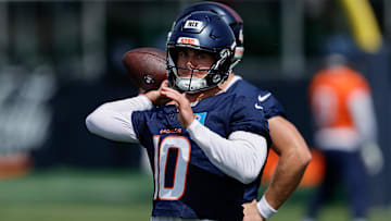 Jul 24, 2025; Englewood, CO, USA; Denver Broncos quarterback Bo Nix (10) during Denver Broncos Training Camp. Mandatory Credit: Isaiah J. Downing-Imagn Images