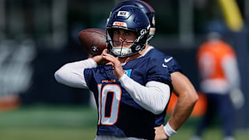 Jul 24, 2025; Englewood, CO, USA; Denver Broncos quarterback Bo Nix (10) during Denver Broncos Training Camp. Mandatory Credit: Isaiah J. Downing-Imagn Images