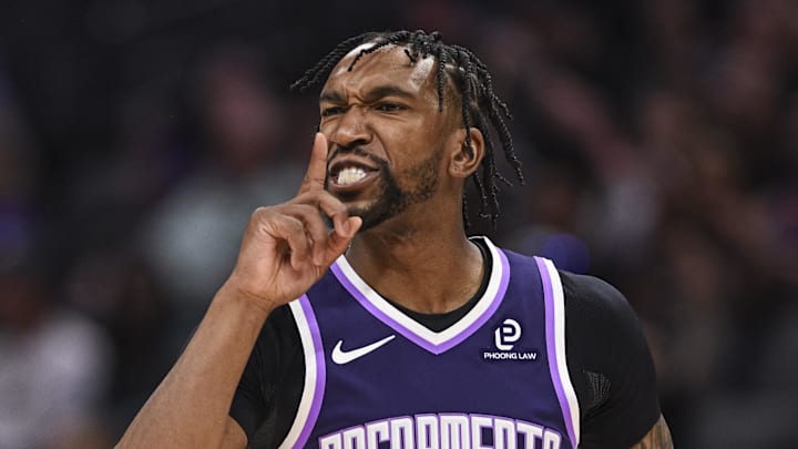 Mar 22, 2026; Sacramento, California, USA; Sacramento Kings guard Malik Monk (0) reacts after a three point basket during the first quarter against the Brooklyn Nets at Golden 1 Center. Mandatory Credit: Justine Willard-Imagn Images