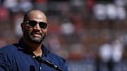 Oct 1, 2023; St. Louis, Missouri, USA;  St. Louis Cardinals former player Albert Pujols speaks at a retirement ceremony for starting pitcher Adam Wainwright (not pictured) before a game against the Cincinnati Reds at Busch Stadium. 