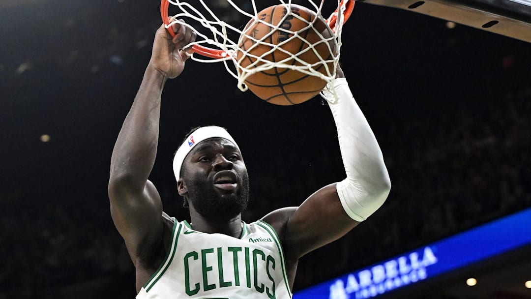 Oct 12, 2025; Boston, Massachusetts, USA; Boston Celtics center Neemias Queta (88) dunks the ball against the Cleveland Cavaliers during the first half at TD Garden.