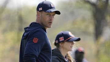 Chicago Bears head coach Ben Johnson walks the field during rookie minicamp at Halas Hall.