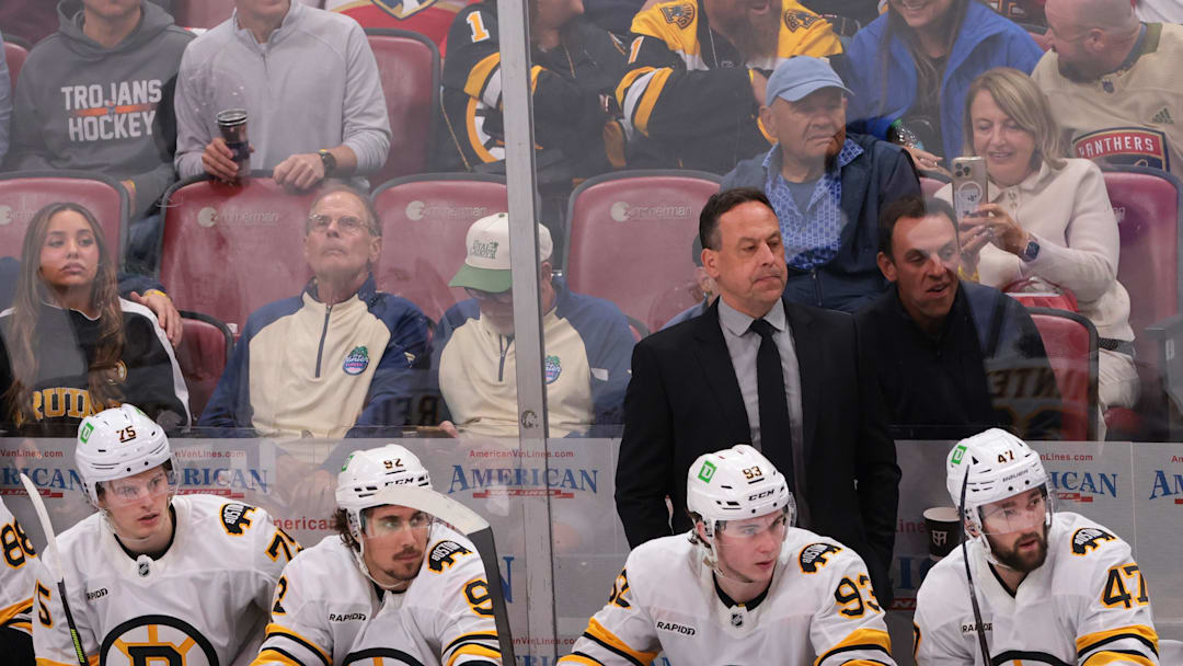Apr 2, 2026; Sunrise, Florida, USA; Boston Bruins head coach Marco Sturm watches from the bench against the Florida Panthers during the third period at Amerant Bank Arena. Mandatory Credit: Sam Navarro-Imagn Images Apr 2, 2026; Sunrise, Florida, USA; Boston Bruins head coach Marco Sturm watches from the bench against the Florida Panthers during the third period at Amerant Bank Arena. Mandatory Credit: Sam Navarro-Imagn Images