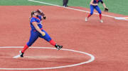 New Madison Tri-Village pitcher Elizabeth Poling delivers a pitch through raindrops in the OHSAA Division VI state championship game against Garaway at Akron's Fireston Stadium on June 8, 2025. Tri-Village won 6-0 and Poling threw a complete game. 