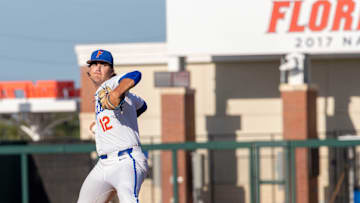 Florida's pitcher Liam Peterson (12) is the starter in the matchup against Alabama. Florida came back from being down 5-0 to beat Alabama 7-6, Friday, May 15, 2025, at Condron Family Ballpark in Gainesville, Florida. [Cyndi Chambers/ Gainesville Sun] 2025