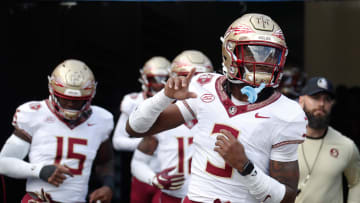Nov 4, 2023; Pittsburgh, Pennsylvania, USA;  Florida State Seminoles defensive back Kevin Knowles II (3) gestures as he take the field against the Pittsburgh Panthers at Acrisure Stadium. Mandatory Credit: Charles LeClaire-USA TODAY Sports