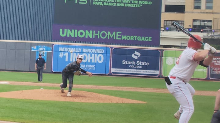 University School senior Aaron Moss delivers a pitch against Wapakoneta in the OHSAA Division III state semifinals at Akron's Canal Park on Friday, June 13, 2025. University School won 4-0 and Moss threw a complete game. | Ryan Isley, SBLive Sports University School senior Aaron Moss delivers a pitch against Wapakoneta in the OHSAA Division III state semifinals at Akron's Canal Park on Friday, June 13, 2025. University School won 4-0 and Moss threw a complete game. | Ryan Isley, SBLive Sports