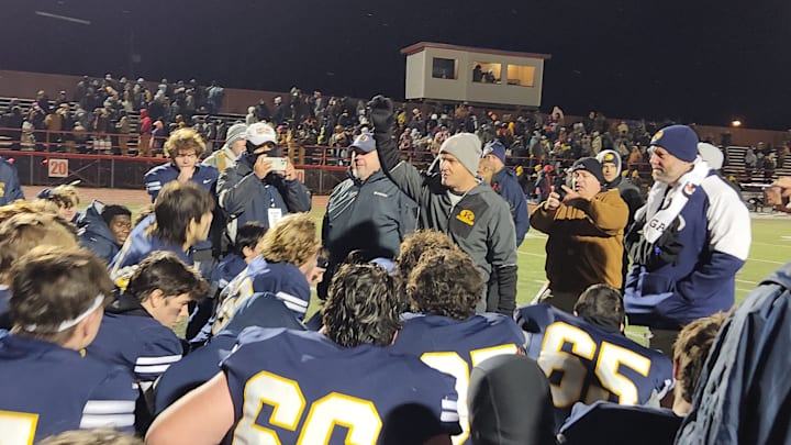 Kirtland football coach Tiger LaVerde talks to his team after defeating Northmor in the 2024 Division VI state semifinals.