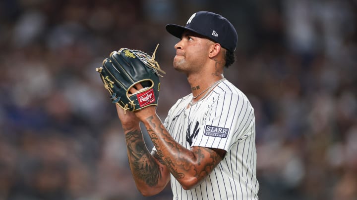 Jul 7, 2024; Bronx, New York, USA; New York Yankees starting pitcher Luis Gil (81) reacts after being relieved during the seventh inning against the Boston Red Sox  at Yankee Stadium. Mandatory Credit: Vincent Carchietta-USA TODAY Sports