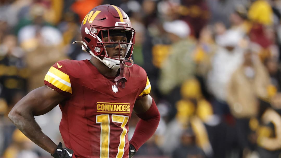 Nov 10, 2024; Landover, Maryland, USA; Washington Commanders wide receiver Terry McLaurin (17) looks on from the field during final minute of the game against the Pittsburgh Steelers at Northwest Stadium. Mandatory Credit: Amber Searls-Imagn Images