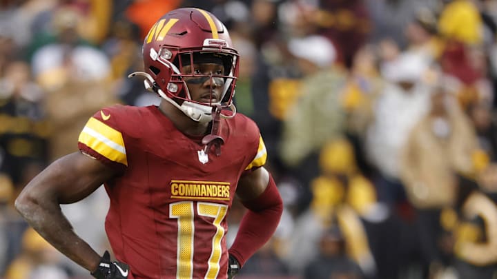 Nov 10, 2024; Landover, Maryland, USA; Washington Commanders wide receiver Terry McLaurin (17) looks on from the field during final minute of the game against the Pittsburgh Steelers at Northwest Stadium. Mandatory Credit: Amber Searls-Imagn Images