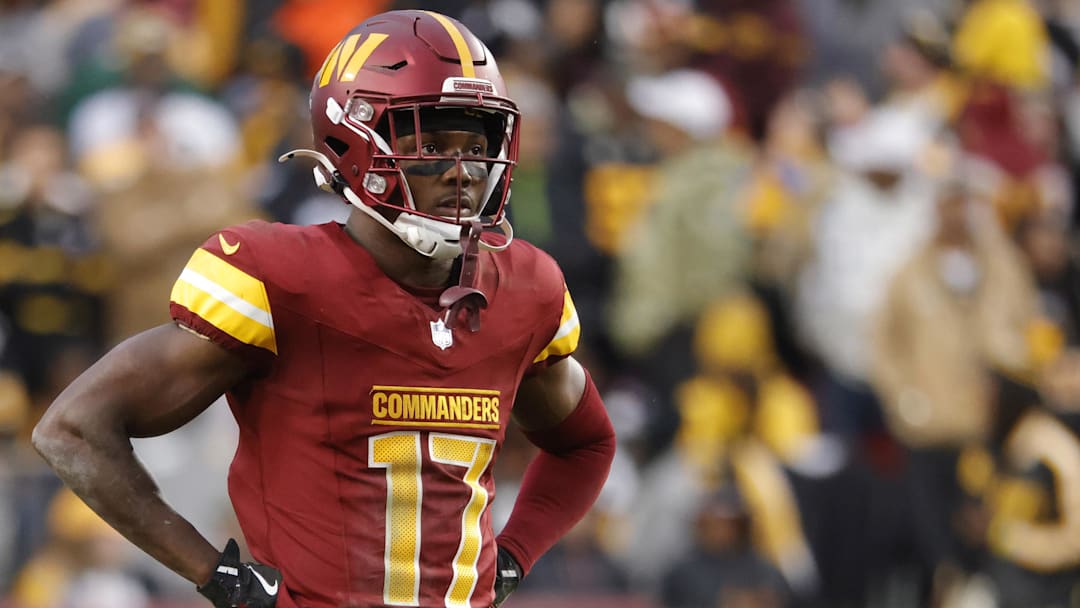 Nov 10, 2024; Landover, Maryland, USA; Washington Commanders wide receiver Terry McLaurin (17) looks on from the field during final minute of the game against the Pittsburgh Steelers at Northwest Stadium. Mandatory Credit: Amber Searls-Imagn Images
