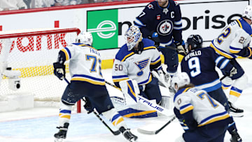 May 4, 2025; Winnipeg, Manitoba, CAN; Winnipeg Jets center Vladislav Namestnikov, not pictured, scores on St. Louis Blues goaltender Jordan Binnington (50) in the third period in game seven of the first round of the 2025 Stanley Cup Playoffs at Canada Life Centre. Mandatory Credit: James Carey Lauder-Imagn Images