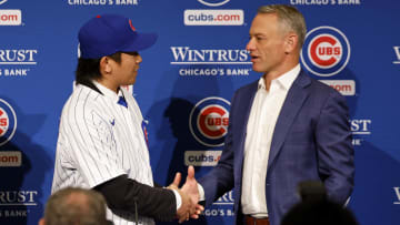 Jan 12, 2024; Chicago, IL, USA; Chicago Cubs president of baseball operations Jed Hoyer (right)