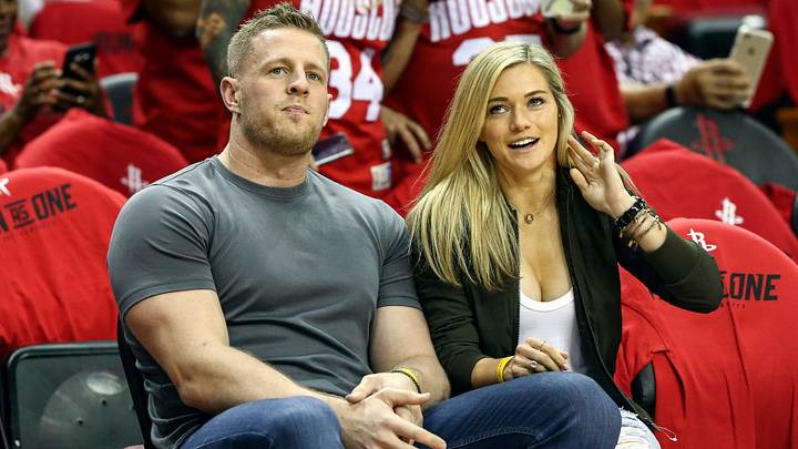 Apr 16, 2017; Houston, TX, USA; Houston Texans defensive end J.J. Watt (left) and US Women's National Soccer Team player Kealia Ohai (right) watch during practice before game one of the first round of the 2017 NBA Playoffs between the Houston Rockets and the Oklahoma City Thunder at Toyota Center. Mandatory Credit: Troy Taormina-USA TODAY Sports