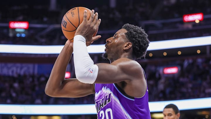 Feb 7, 2026; Orlando, Florida, USA; Utah Jazz center Jaren Jackson Jr. (20) shoots during the second half against the Orlando Magic at Kia Center. Mandatory Credit: Mike Watters-Imagn Images