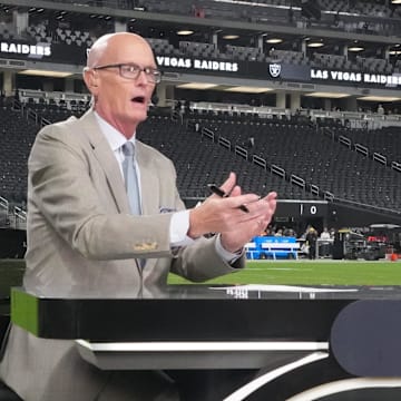ESPN’s Scott Van Pelt on set with Dallas Cowboys quarterback Dak Prescott following a game against Las Vegas Raiders 