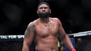 Mar 9, 2024; Miami, Florida, USA; Curtis Blaydes reacts after defeating Jailton Almeida during UFC 299 at Kayesa Center. Mandatory Credit: Sam Navarro-Imagn Images