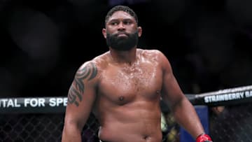Mar 9, 2024; Miami, Florida, USA; Curtis Blaydes reacts after defeating Jailton Almeida during UFC 299 at Kayesa Center. Mandatory Credit: Sam Navarro-Imagn Images