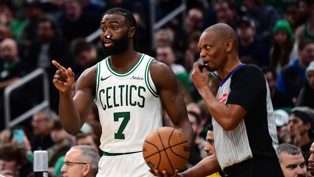 Dec 29, 2024; Boston, Massachusetts, USA; Boston Celtics guard Jaylen Brown (7) during the second half against the Indiana Pacers at TD Garden. Mandatory Credit: Bob DeChiara-Imagn Images