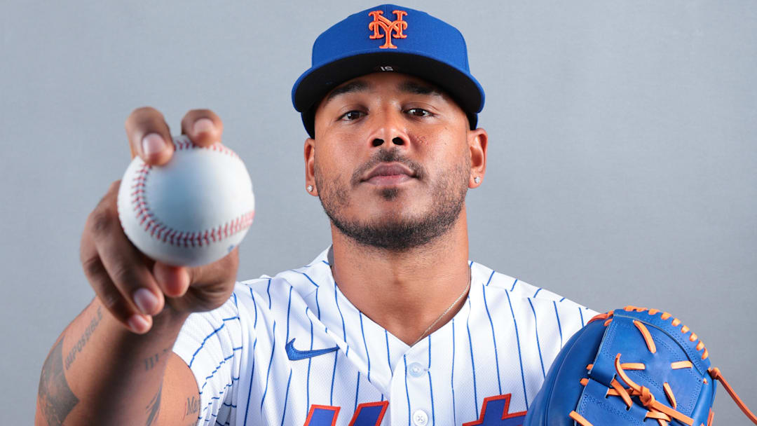 Feb 19, 2026; Port St. Lucie, FL, USA; New York Mets pitcher Freddy Peralta (51) poses for a photo during media day at Clover Park. Mandatory Credit: Sam Navarro-Imagn Images