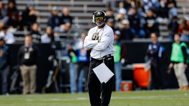 Apr 19, 2025; Boulder, CO, USA; Colorado Buffaloes head coach Deion Sanders during the spring game at Folsom Field. Mandatory