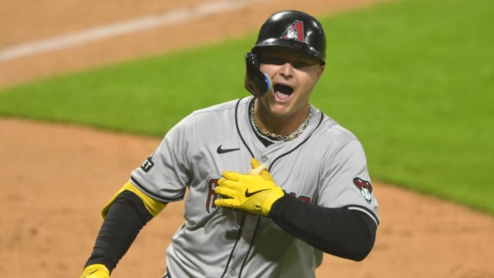 Aug 5, 2024; Cleveland, Ohio, USA; Arizona Diamondbacks pinch hitter Joc Pederson (3) celebrates his two-run home run in the eighth inning against the Cleveland Guardians at Progressive Field.