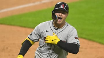 Aug 5, 2024; Cleveland, Ohio, USA; Arizona Diamondbacks pinch hitter Joc Pederson (3) celebrates his two-run home run in the eighth inning against the Cleveland Guardians at Progressive Field. Mandatory Credit: David Richard-Imagn Images