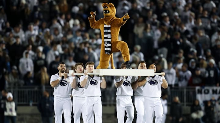 The Penn State Nittany Lion mascot interacts with the fans during the fourth quarter in a game at Beaver Stadium. 