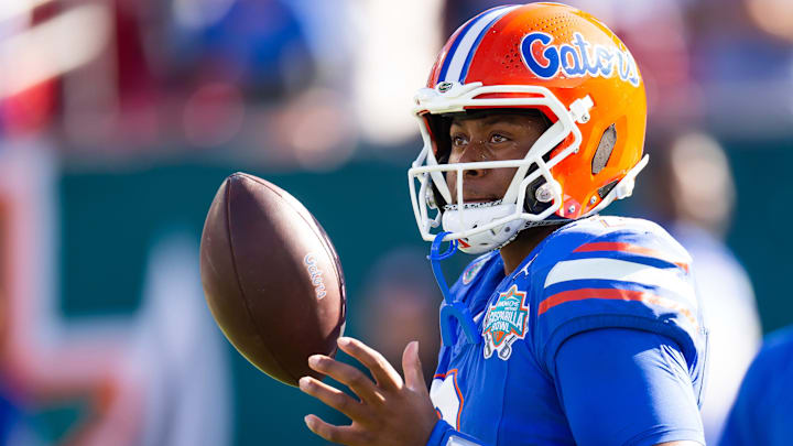 Florida Gators quarterback DJ Lagway (2) tosses the ball during warmups at Raymond James Stadium in Tampa, FL on Friday, December 20, 2024 in the 2024 Union Home Mortgage Gasparilla Bowl. [Doug Engle/Gainesville Sun]