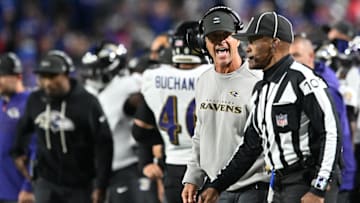 Sep 7, 2025; Orchard Park, New York, USA;  Baltimore Ravens head coach John Harbaugh () reacts during the fourth quarter against the Buffalo Bills at Highmark Stadium. Mandatory Credit: Mark Konezny-Imagn Images