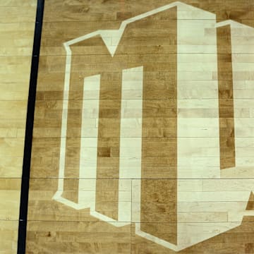 Mar 7, 2020; Las Vegas, Nevada, USA; A detailed view of the Mountain West logo on the baseline seen before the Conference tournament final between the San Diego State Aztecs and the Utah State Aggies at Thomas and Mack Center. Mandatory Credit: Orlando Ramirez-Imagn Images
