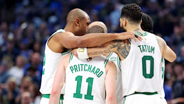 Jun 12, 2024; Dallas, Texas, USA; The Boston Celtics huddle during the fourth quarter during game three of the 2024 NBA Finals against the Dallas Mavericks at American Airlines Center. Mandatory Credit: Kevin Jairaj-Imagn Images