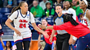 Mar 23, 2024; South Bend, Indiana, USA; Ole Miss Rebels forward Madison Scott (24) celebrates withhead coach Yolett McPhee-McCuin after a basket in the second half against the Marquette Golden Eagles at the Purcell Pavilion. Mandatory Credit: Matt Cashore-Imagn Images