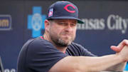 Jul 26, 2025; Kansas City, Missouri, USA; Cleveland Guardians manager Stephen Vogt (12) watches warm ups against the Kansas City Royals prior to a game at Kauffman Stadium. Mandatory Credit: Denny Medley-Imagn Images