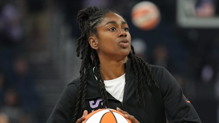 Jun 29, 2025; San Francisco, California, USA; Golden State Valkyries guard Tiffany Hayes (15) warms up before the game against the Seattle Storm at Chase Center. Mandatory Credit: Darren Yamashita-Imagn Images