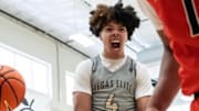 No. 1 2026 recruit Tyran Stokes reacts during a game with his Vegas Elite team this summer.