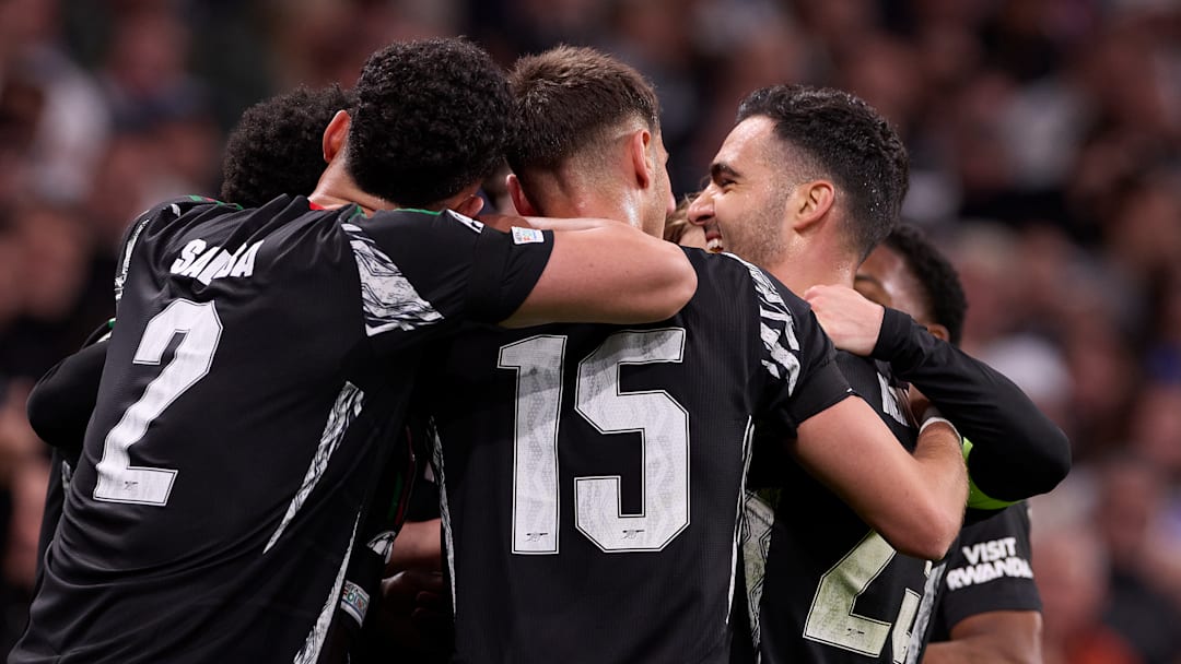 Arsenal FC players celebrate a goal during the UEFA...