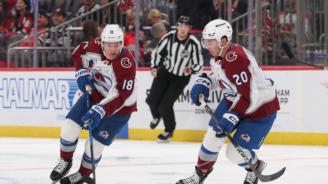 Colorado Avalanche center Jack Drury (18) and Ross Colton (20)