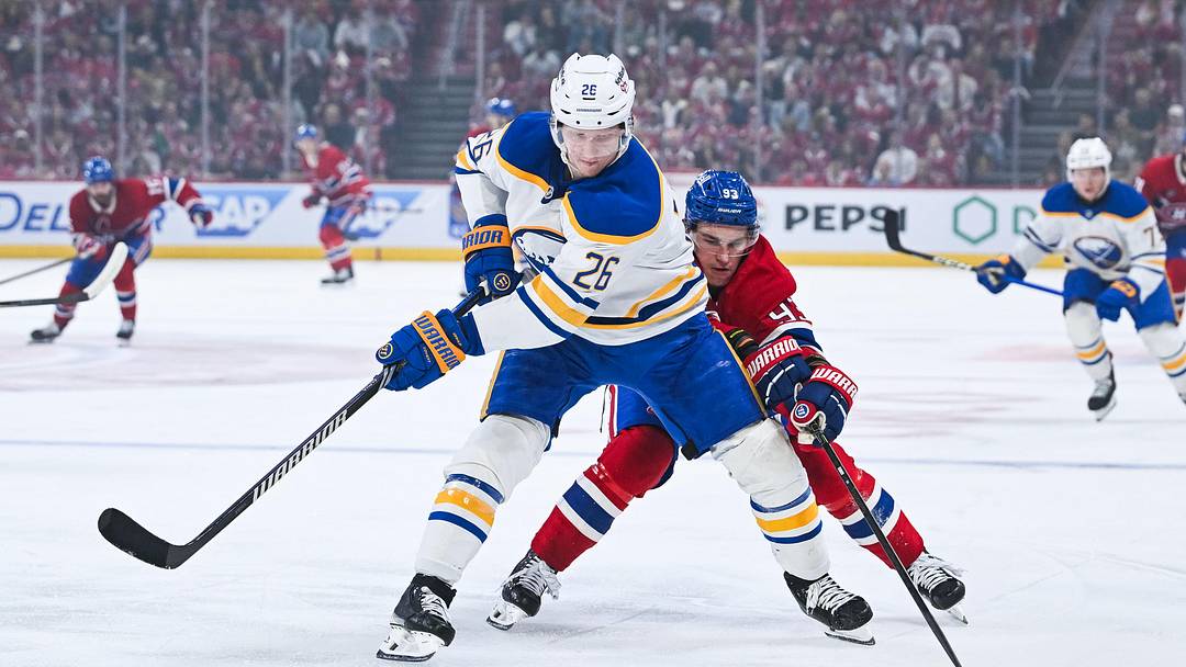 May 16, 2026; Montreal, Quebec, CAN; Montreal Canadiens right wing Ivan Demidov (93) plays the pucik against Buffalo Sabres defenseman Rasmus Dahlin (26) during the first period in game six of the second round of the 2026 Stanley Cup Playoffs at Bell Centre. Mandatory Credit: David Kirouac-Imagn Images