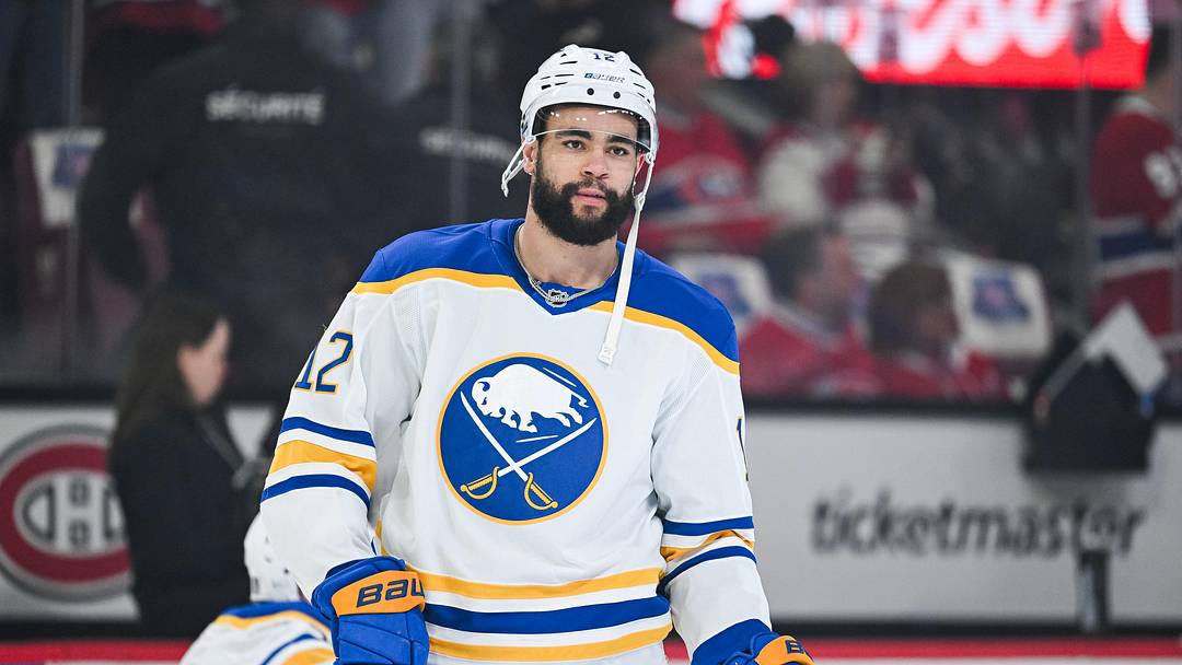 May 16, 2026; Montreal, Quebec, CAN; Buffalo Sabres left wing Jordan Greenway (12) looks on during warm-up before the game against the Montreal Canadiens in game six of the second round of the 2026 Stanley Cup Playoffs at Bell Centre. Mandatory Credit: David Kirouac-Imagn Images May 16, 2026; Montreal, Quebec, CAN; Buffalo Sabres left wing Jordan Greenway (12) looks on during warm-up before the game against the Montreal Canadiens in game six of the second round of the 2026 Stanley Cup Playoffs at Bell Centre. Mandatory Credit: David Kirouac-Imagn Images