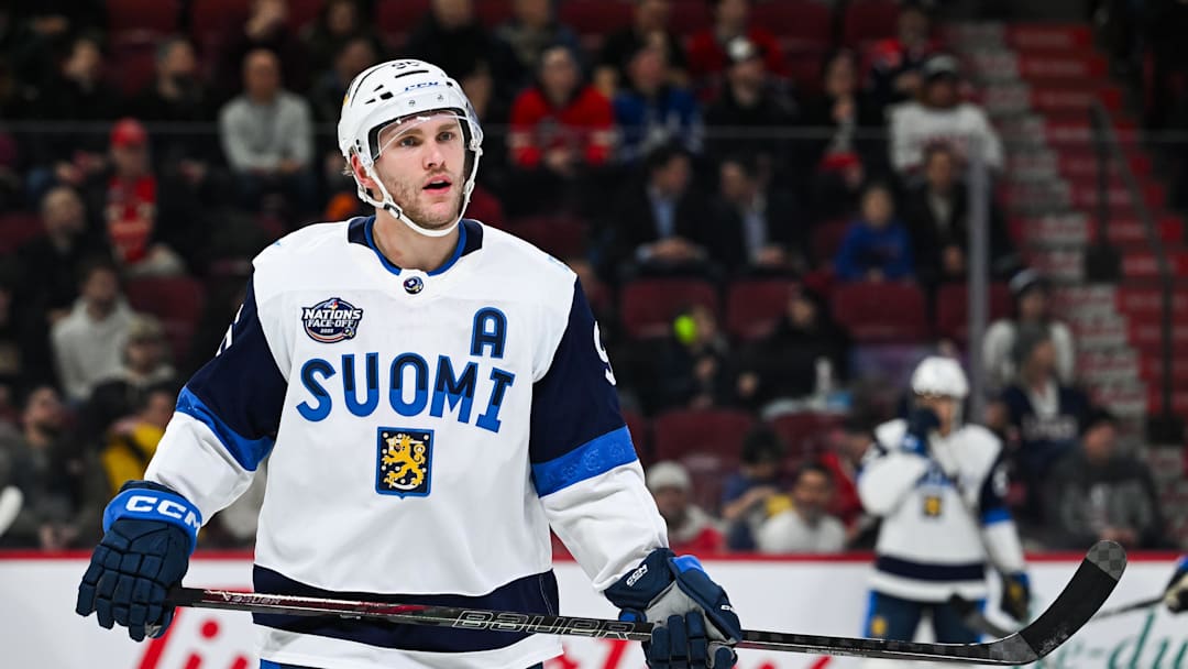 Feb 13, 2025; Montreal, Quebec, CAN; [Imagn Images direct customers only] Team Finland forward Mikko Rantanen (96) looks on in warm-up before a game against Team USA during a 4 Nations Face-Off ice hockey game at Bell Centre. Mandatory Credit: David Kirouac-Imagn Images
