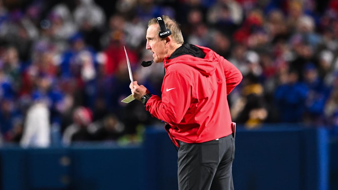 Nov 2, 2025; Orchard Park, New York, USA; Kansas City Chiefs defensive coordinator Steve Spagnuolo reacts from the sideline during the second half against the Buffalo Bills at Highmark Stadium. Mandatory Credit: Mark Konezny-Imagn Images