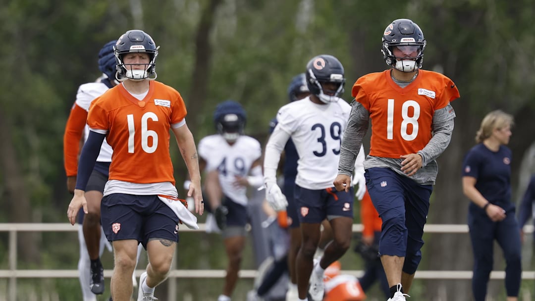 Jun 3, 2025; Lake Forest, IL, USA; Chicago Bears quarterback Austin Reed (16) and quarterback Caleb Williams (18) warm up during minicamp at Halas Hall. Mandatory Credit: Kamil Krzaczynski-Imagn Images