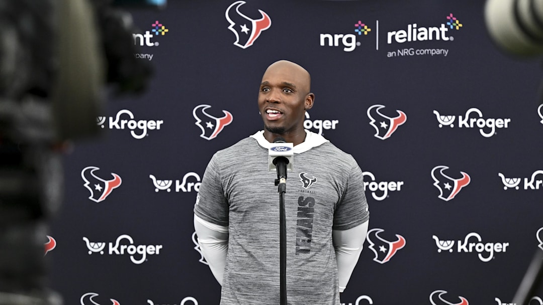 Jun 10, 2025; Houston, TX, USA; Houston Texans head coach DeMeco Ryans speaks during a press conference after an NFL football minicamp at NRG Stadium. Mandatory Credit: Maria Lysaker-Imagn Images 